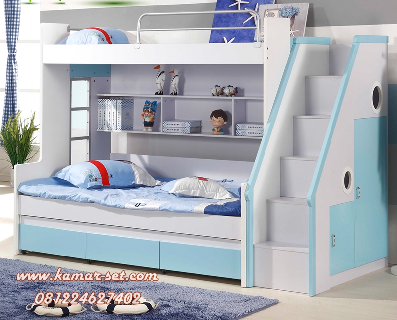 Tempat Tidur Bunk Bed Anak Warna Putih Biru Tosca